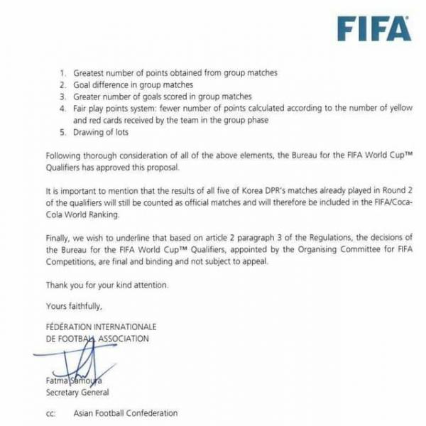 فیفا,تصمیم نهایی فیفا در مورد تیم ملی کره شمالی