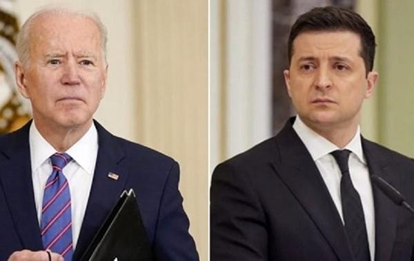 «جو بایدن» رئیس‌جمهوری ایالات متحده و «ولودیمیر زلنسکی» رئیس‌جمهوری اوکراین ,حمله روسیه به اوکراین