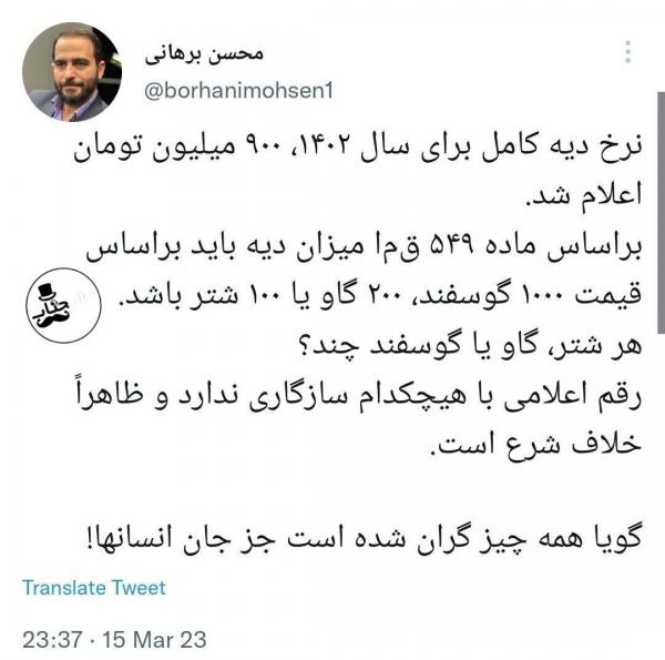 محسن برهانی,واکنش یک حقوقدان به نرخ دیه سال 1402