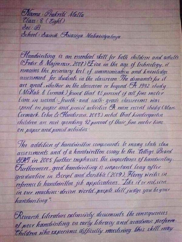 دستخط یک دختر مدرسه‌ای اهل نپال, زیباترین دست خط جهان