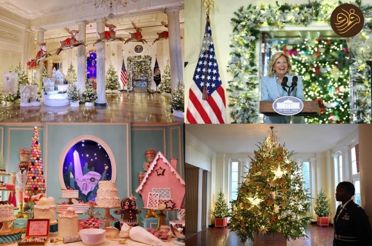 تصاویر رونمایی جیل بایدن از تزئینات کریسمس کاخ سفید,عکس های کاخ سفید برای کریسمس 2024،تصاویری از تزئینات کریسمس برای کاخ سفید