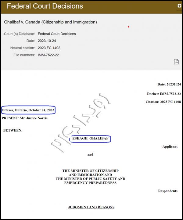 اسحاق قالیباف,جزییات دادگاه رسیدگی به پرونده اقامت دائم اسحاق قالیباف در کانادا