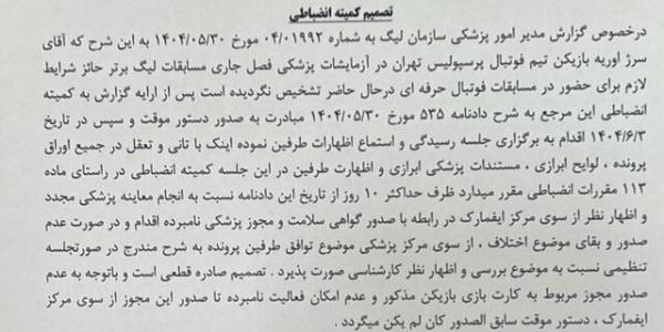 اوریه اوریه,اعلام رای کمیته انضباطی درباره اوریه