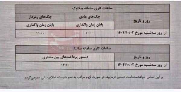 ساعات جدید کاری ساتنا و چکاوک,سامانه های بانکی