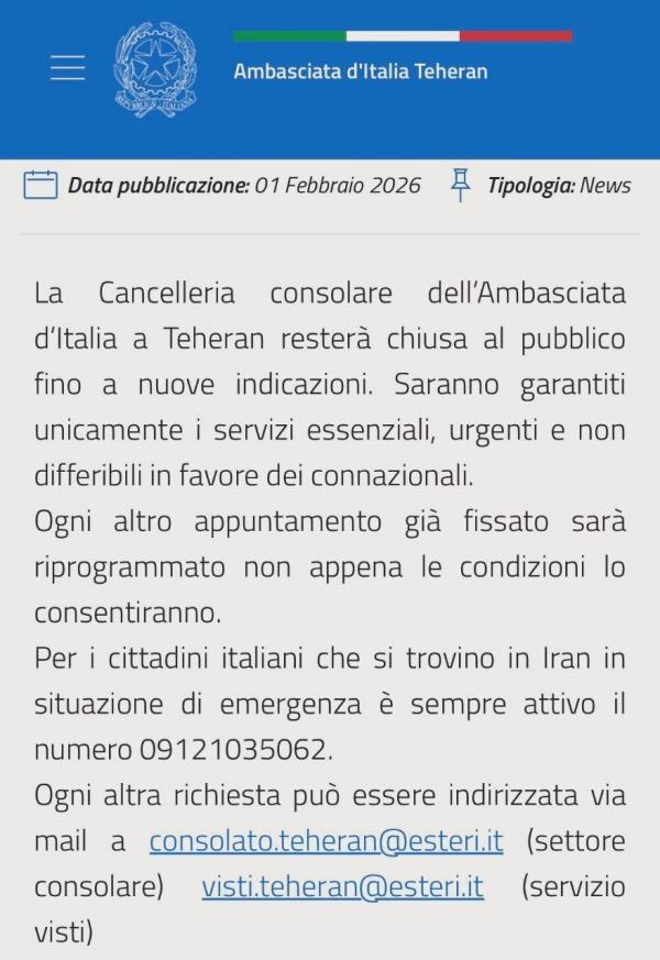 سفارت ایتالیا در تهران,توقف خدمات کنسولی سفارت ایتالیا در تهران