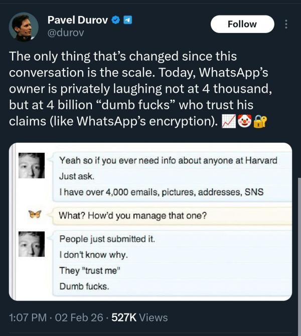 زاکربرگ و دوروف,طعنه مالک تلگرام به مالک واتس‌اپ