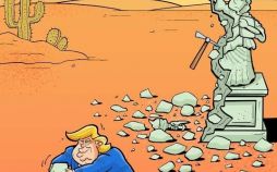 کاریکاتور,عکس کاریکاتور,کاریکاتور سیاسی اجتماعی,کاریکاتور دونالد ترامپ، کاریکاتور نابودی ارزشهای آمریکا توسط ترامپ، کاریکاتور کلنگ زنی ترامپ