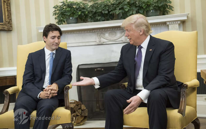 تصاویر نحوه خاص دست دادن ترامپ, تصویر دست دادن ترامپ با نخست وزیر ژاپن, عکس دست دادن ترامپ با نخست وزیر کانادا