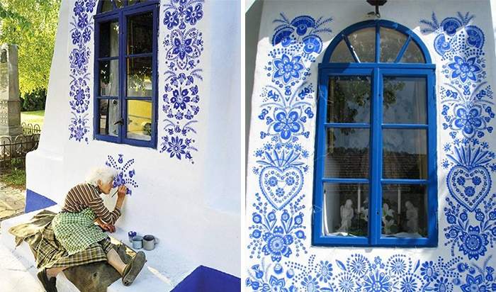تصاویر هنرنمایی خانم ۹۰ ساله‌ بر دیوارهای روستایی در چک,عکسهای نقاشی خانم ۹۰ ساله‌ بر دیوار,تصاویر هنرنمایی پیرزن۹۰ ساله‌ بر دیوارهای روستایی در چک,
