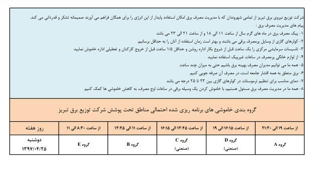 جدول قطعی برق تبریز دوشنبه 25 تیرماه 97,اخبار اقتصادی,خبرهای اقتصادی,نفت و انرژی