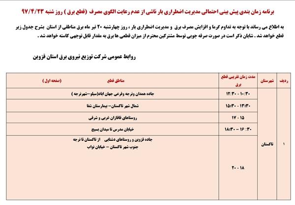 جدول قطعی برق قزوین در تابستان,اخبار اقتصادی,خبرهای اقتصادی,نفت و انرژی
