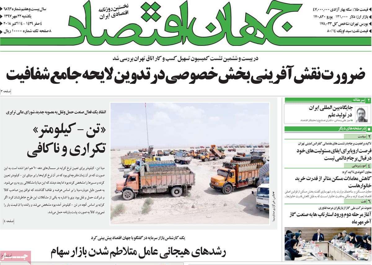 عناوین روزنامه های اقتصادی - یکشنبه بیست و دوم مهر ماه1397,روزنامه,روزنامه های امروز,روزنامه های اقتصادی