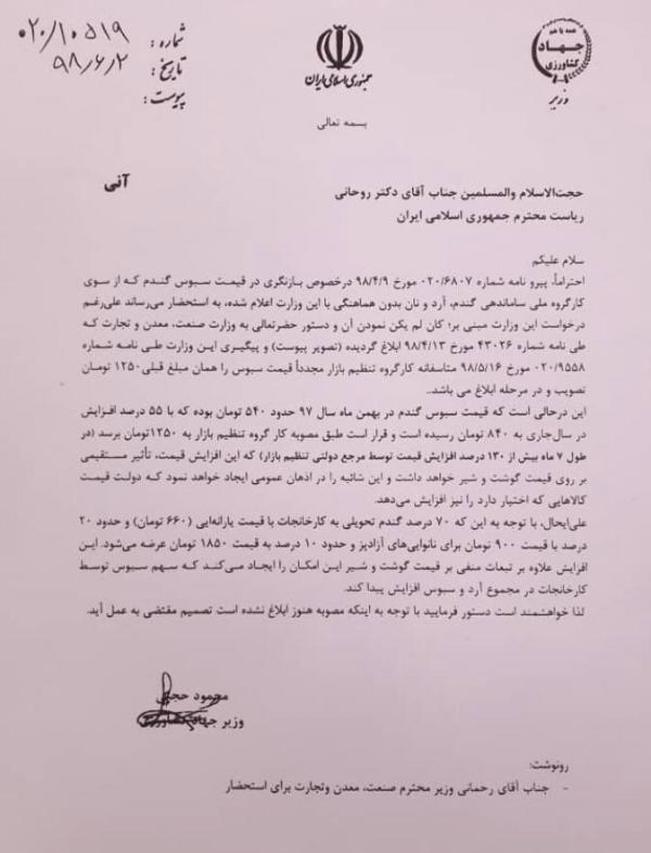 نامه حجتی به روحانی درباره کارگروه تنظیم بازار,اخبار اقتصادی,خبرهای اقتصادی,کشت و دام و صنعت