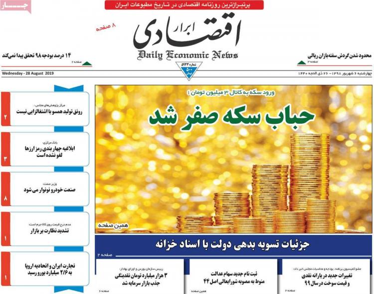 تیتر روزنامه های اقتصادی چهارشنبه ششم شهریور ۱۳۹۸,روزنامه,روزنامه های امروز,روزنامه های اقتصادی