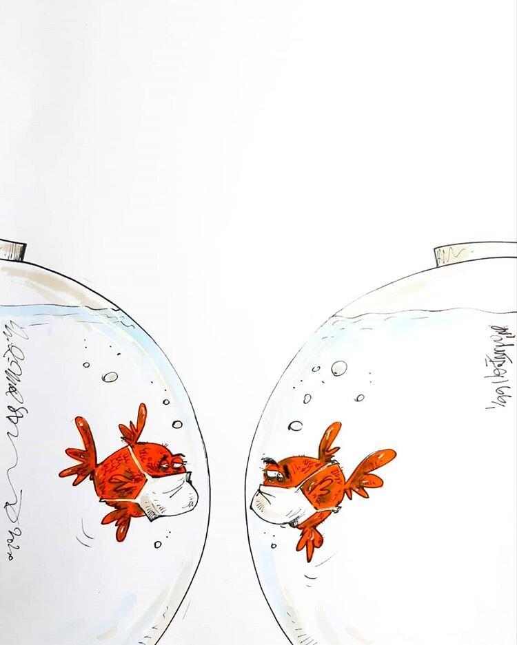 کاریکاتور ماهی قرمز در دوران قرنطینه,کاریکاتور,عکس کاریکاتور,کاریکاتور اجتماعی