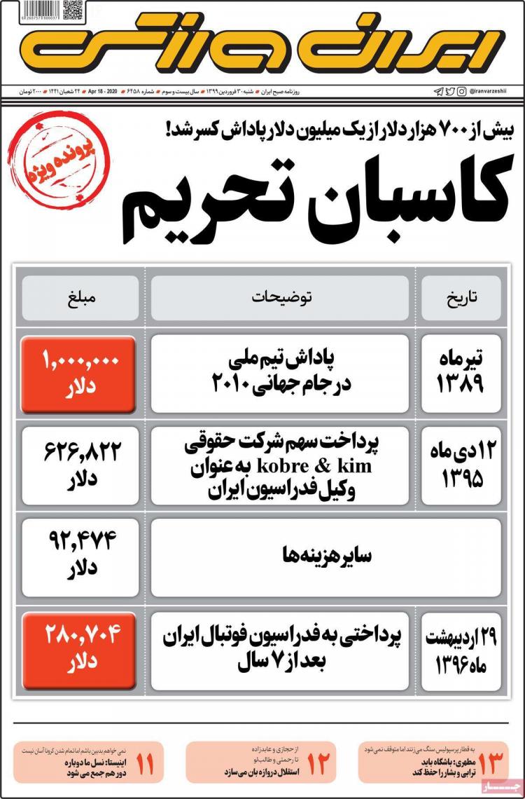 عناوین روزنامه های ورزشی شنبه سی ام فروردین 1399,روزنامه,روزنامه های امروز,روزنامه های ورزشی