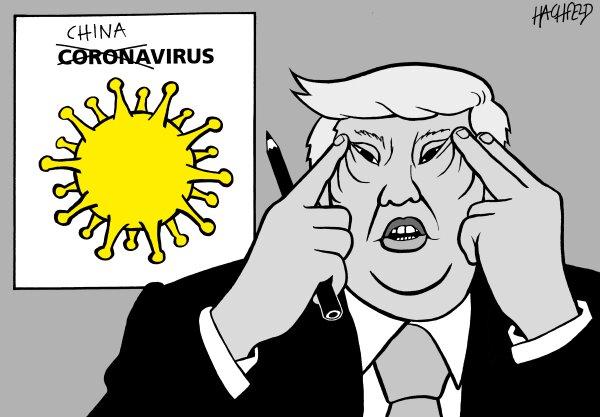 کاریکاتور در مورد اظهارات ترامپ درباره شیوع کرونا در چین