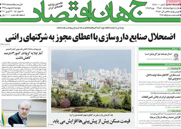 عناوین روزنامه های اقتصادی پنجشنبه چهارم اردیبهشت 1399,روزنامه,روزنامه های امروز,روزنامه های اقتصادی
