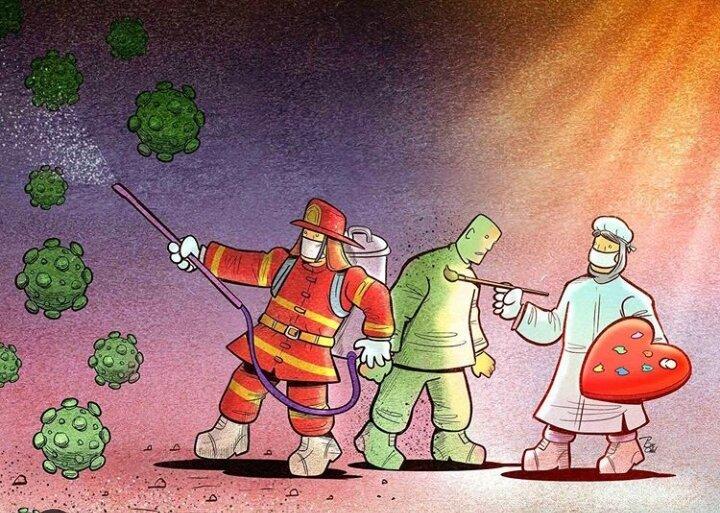 کاریکاتور در مورد تلاش بی‌وقفه جامعه پزشکی و آتش نشانان برای مقابله با کرونا,کاریکاتور,عکس کاریکاتور,کاریکاتور اجتماعی