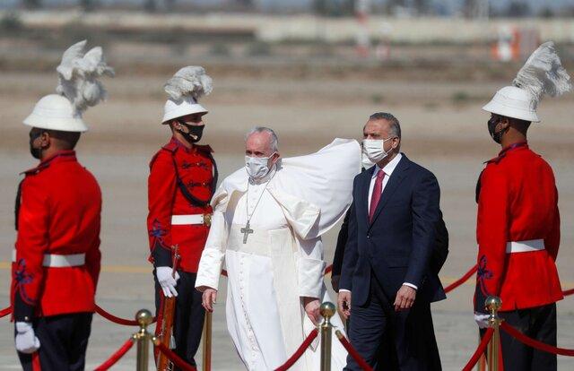 تصاویر سفر پاپ فرانسیس به عراق,عکس های پاپ فرانسیس در عراق,تصاویر استقبال از پاپ فرانسیس در بغداد
