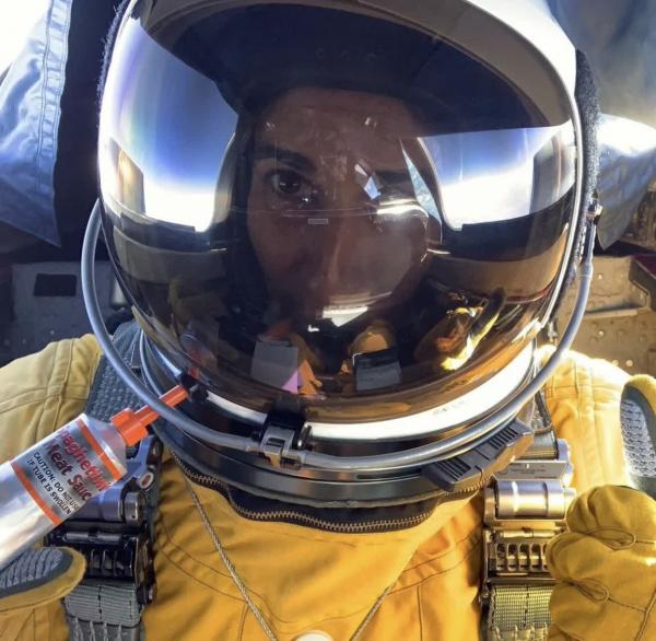 Photos of Yasmin Moqbli in astronaut suit